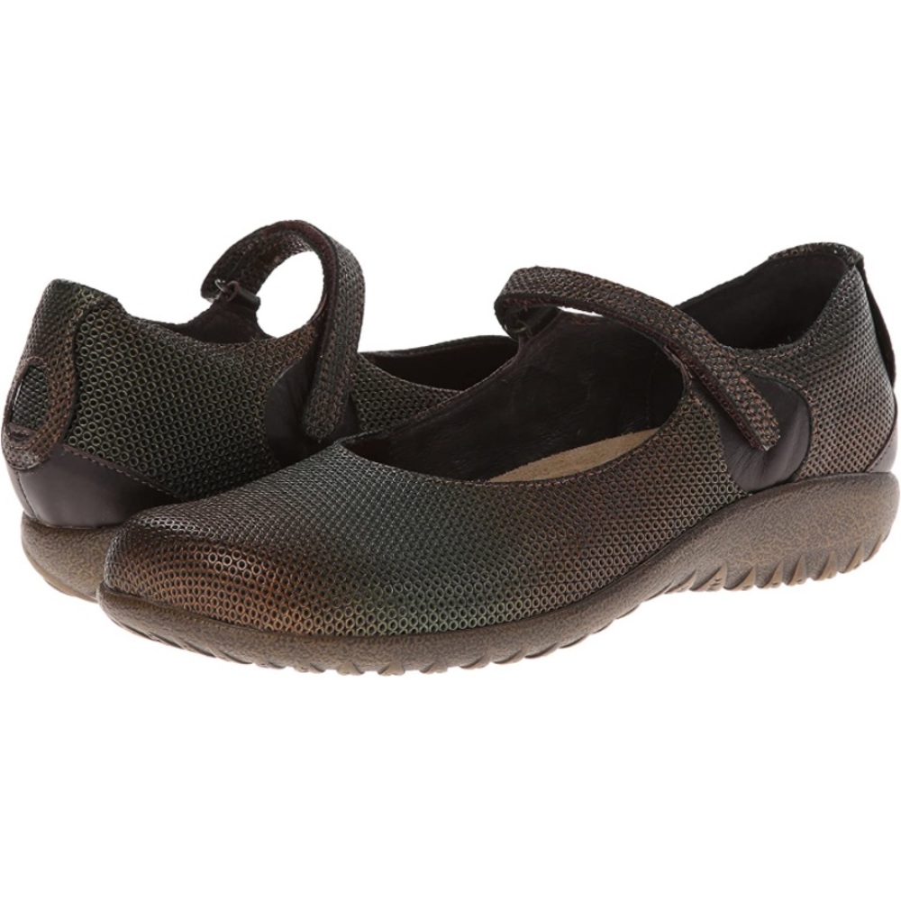 NAOT Mary Janes Reka Rattlesnake Brown US 6 6.5 37 shoes Lagenlook flats artsy